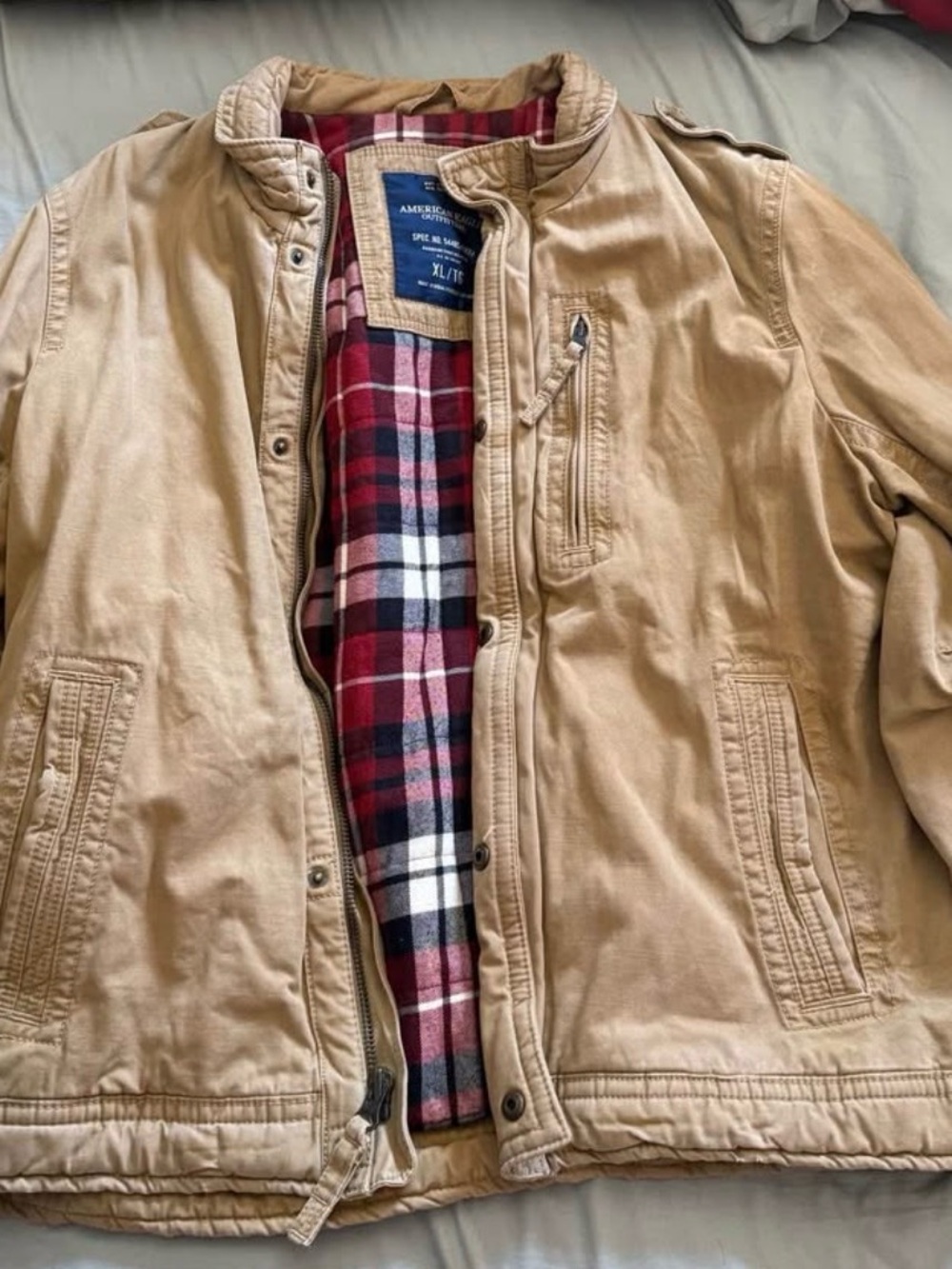 American Eagle Outfitters Tan Canvas Jacket with Red Plaid Lining